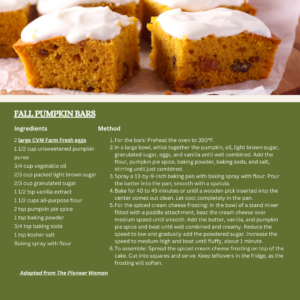 CVM Fall Comfort Food Fall Pumkin Bars recipe